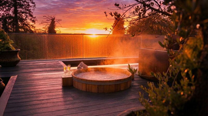 Outdoor hot tub on a private wooden terrace at Gilpin, glowing in the light of a Lake District sunset.