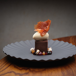 dessert at SOURCE, elegantly presented with chocolate, cream and a delicate crisp garnish.