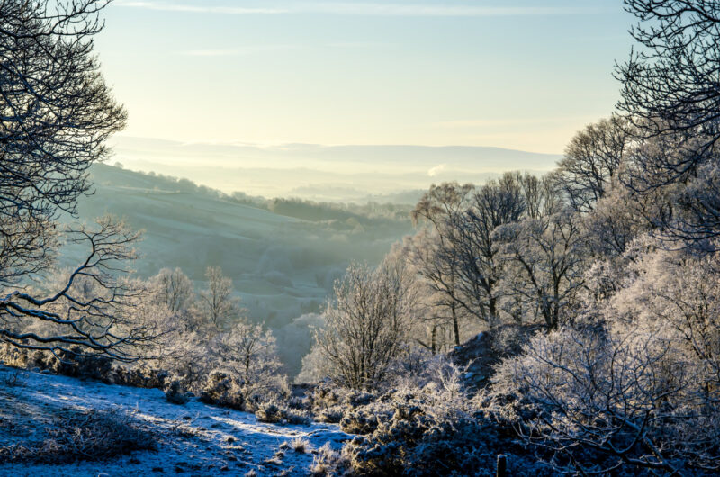 Winter view of snow-covered woodland and Lake District hills from the hot tub area